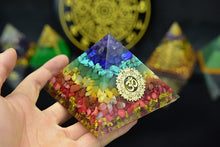 Load image into Gallery viewer, Orgone Pyramid with Enlightening Golden Om and Healing Crystal Spectrum - Home Decor
