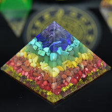 Load image into Gallery viewer, Orgone Pyramid with Enlightening Golden Om and Healing Crystal Spectrum - Home Decor
