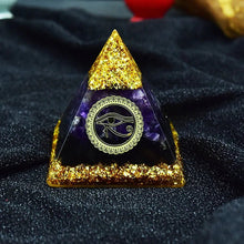 Load image into Gallery viewer, Orgone Pyramid with Eye of Horus, Amethyst, and Tourmaline - Ornament5 cm or 2&quot;
