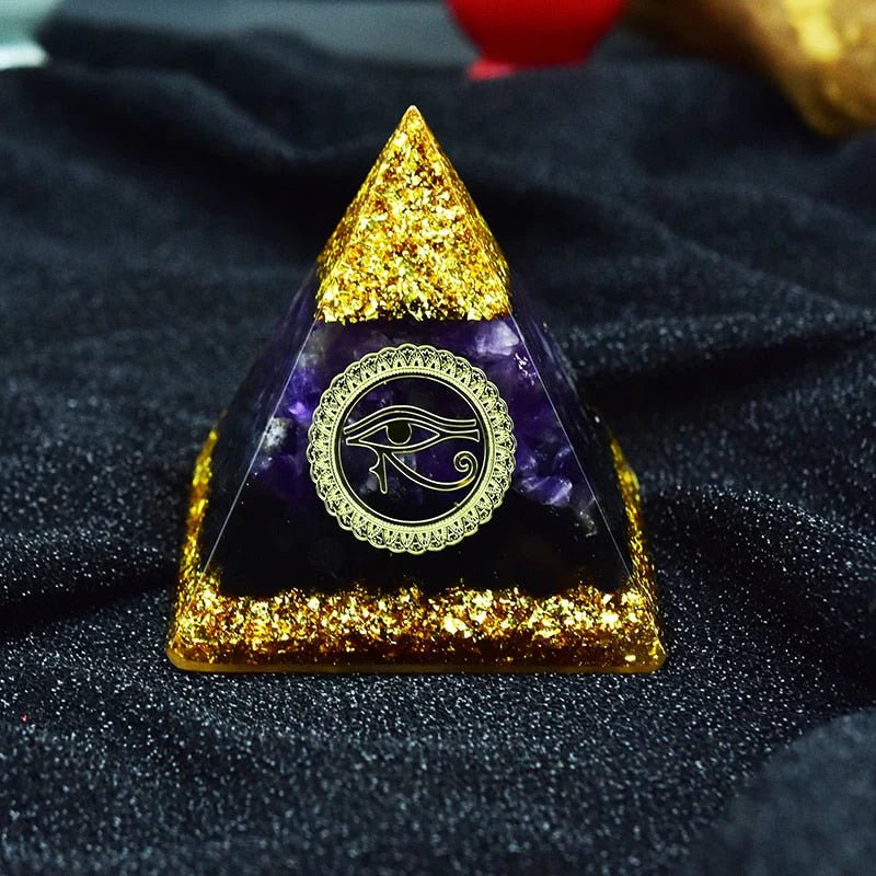 Orgone Pyramid with Eye of Horus, Amethyst, and Tourmaline - Ornament5 cm or 2