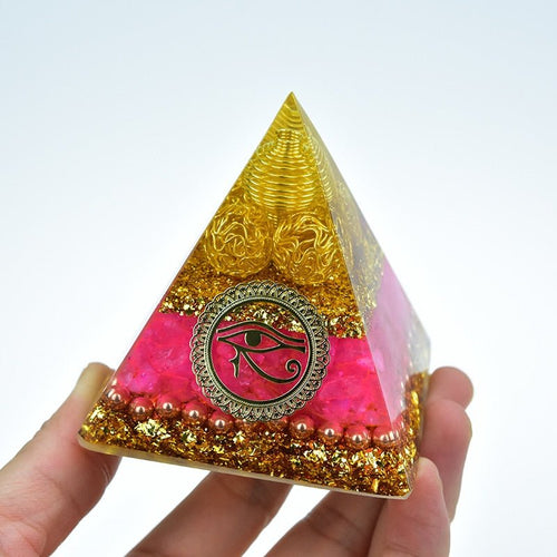 Orgone Pyramid with Sacred Eye of Horus and Loving Rose Quartz - Home Decor