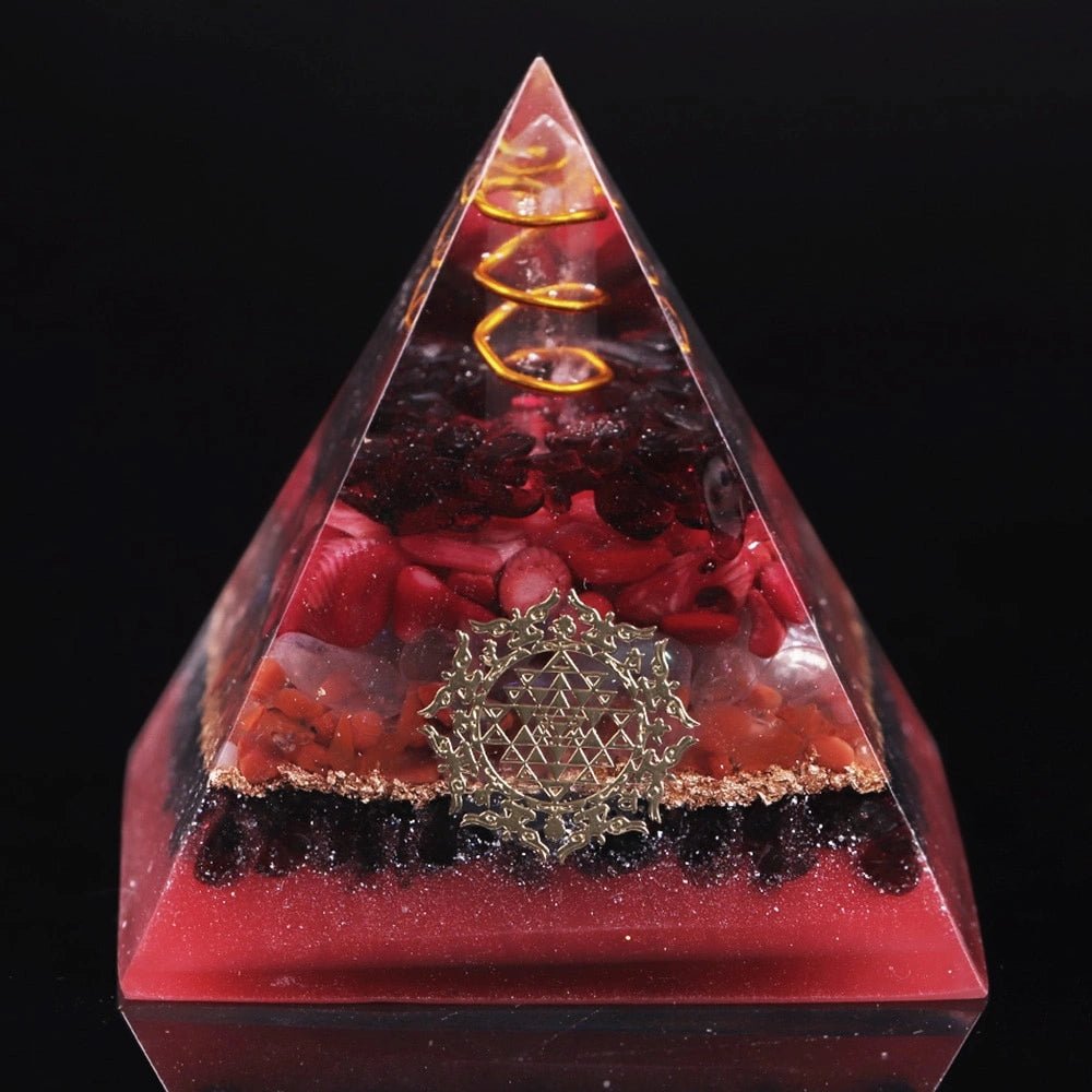 Orgonite Pyramid with Intense Garnet, Red Coral, and Red Agate - Home Decor6 cm or 2.35