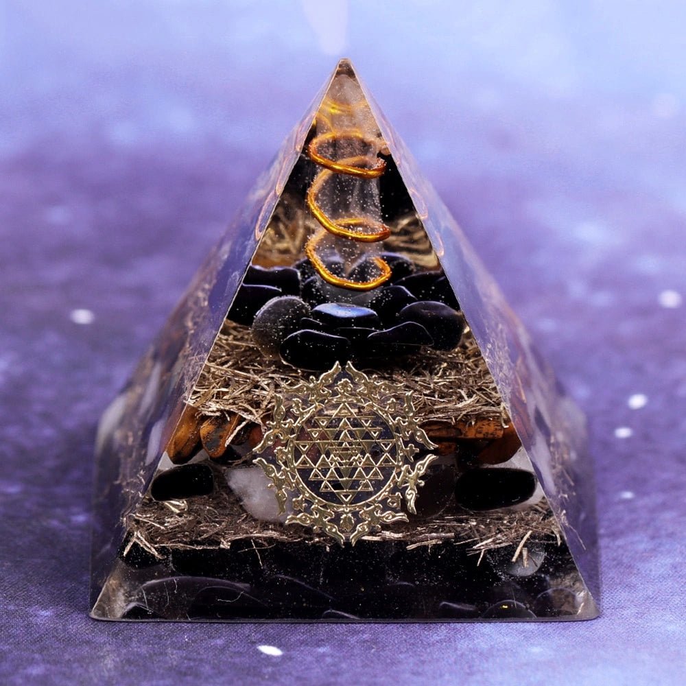 Orgonite Pyramid with Powerful and Protective Black Obsidian, Tiger’s Eye, and White Quartz - Home Decor6CM
