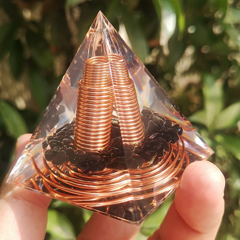Orgonite Pyramid with Spiral Copper Wire and Power Black Obsidian