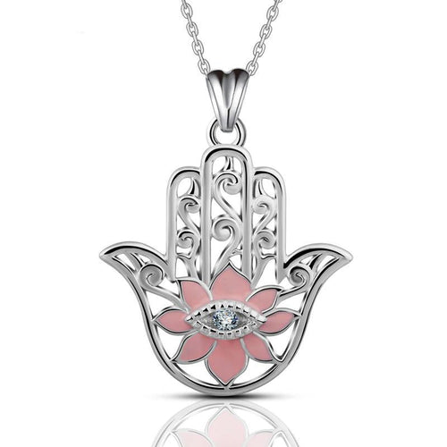 Pink Enamel Lotus Flower with Evil Eye Hamsa Hand Silver Pendant and Necklace - NecklaceOnly Pendant