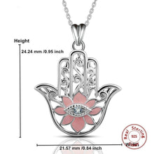 Load image into Gallery viewer, Pink Enamel Lotus Flower with Evil Eye Hamsa Hand Silver Pendant and Necklace - NecklacePendant and Chain
