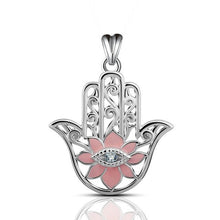 Load image into Gallery viewer, Pink Enamel Lotus Flower with Evil Eye Hamsa Hand Silver Pendant and Necklace - NecklaceOnly Pendant
