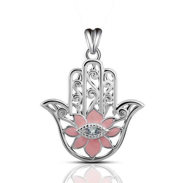 Pink Enamel Lotus Flower with Evil Eye Hamsa Hand Silver Pendant and Necklace - NecklaceOnly Pendant