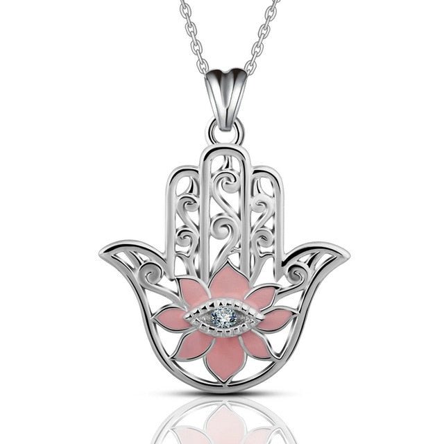 Pink Enamel Lotus Flower with Evil Eye Hamsa Hand Silver Pendant and Necklace - NecklacePendant and Chain