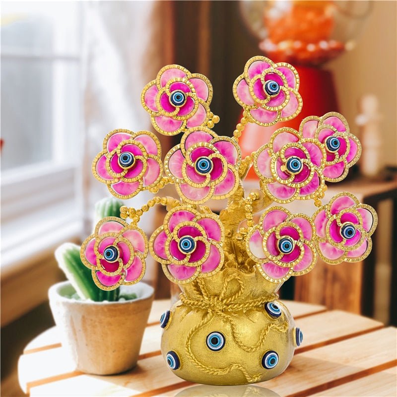 Pink Flowers with Evil Eyes in Feng Shui Money Bag Desktop Ornament - Ornament