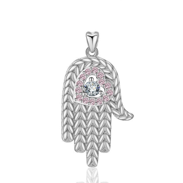 Pink Heart Hamsa Hand Silver Pendant and Necklace - NecklaceOnly Pendant