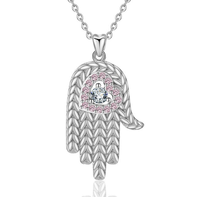Pink Heart Hamsa Hand Silver Pendant and Necklace - NecklacePendant and Necklace