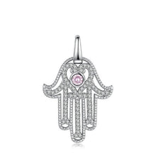 Load image into Gallery viewer, Pink Stone Hamsa Hand Silver Pendant and Necklace - NecklaceOnly Pendant
