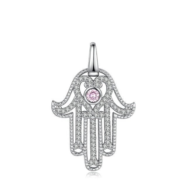 Pink Stone Hamsa Hand Silver Pendant and Necklace - NecklaceOnly Pendant