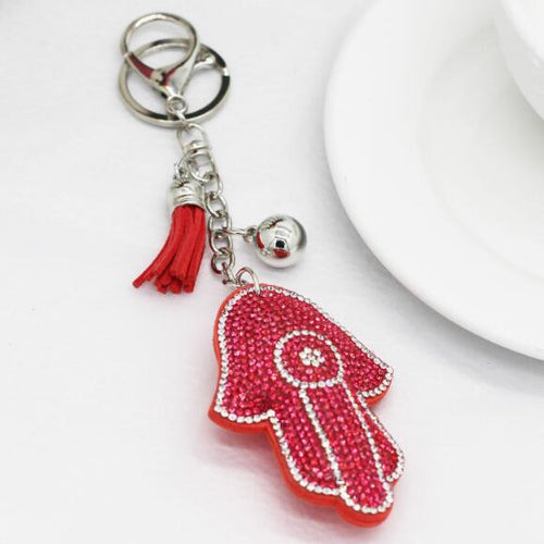 Pink Stone Studded Hamsa Hand with Evil Eye Keychain - Keychain