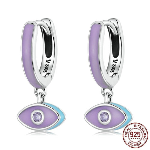 Purple Evil Eye Silver Hoop Earrings - Earrings