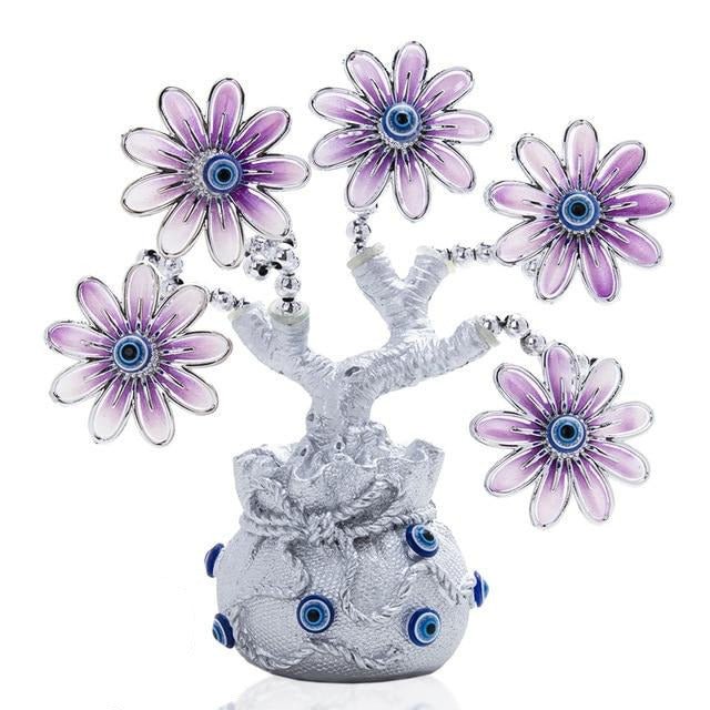 Purple Flowers with Evil Eyes in Feng Shui Money Bag Desktop Ornament - Ornament