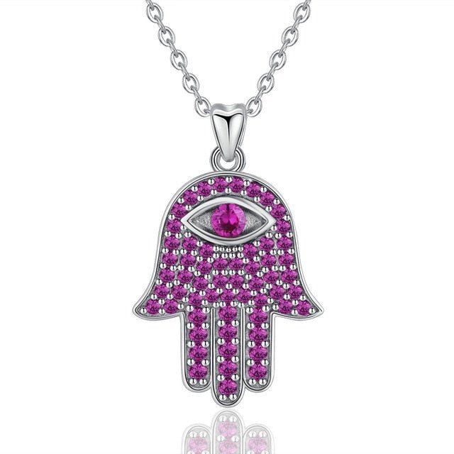 Purple Stone Hamsa Hand Evil Eye Silver Pendant and Necklace - NecklacePendant and Chain