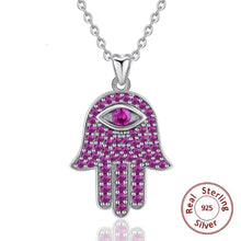 Load image into Gallery viewer, Purple Stone Hamsa Hand Evil Eye Silver Pendant and Necklace - NecklacePendant and Chain
