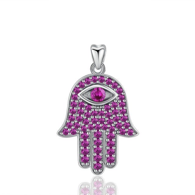 Purple Stone Hamsa Hand Evil Eye Silver Pendant and Necklace - NecklaceOnly Pendant