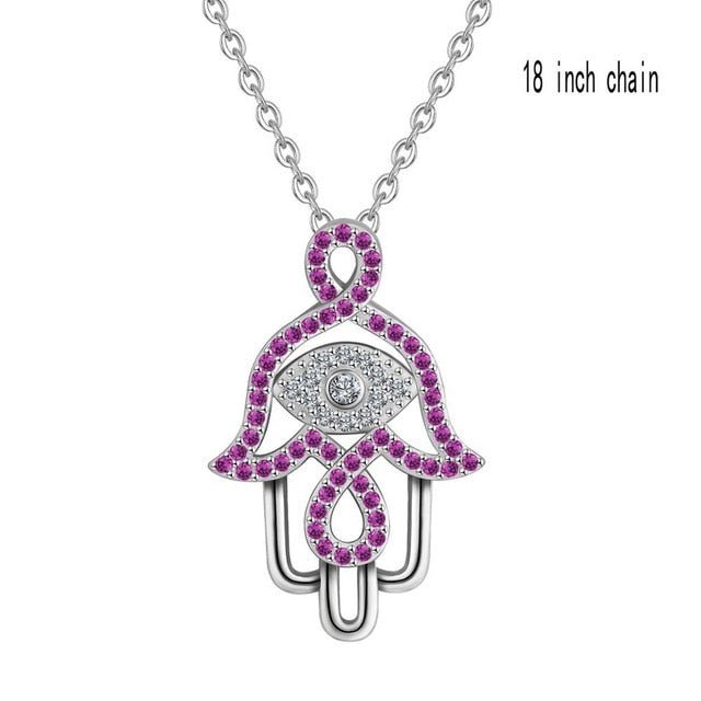 Purple Stone Hamsa Hand Silver Pendant and Necklace - NecklaceWith 18
