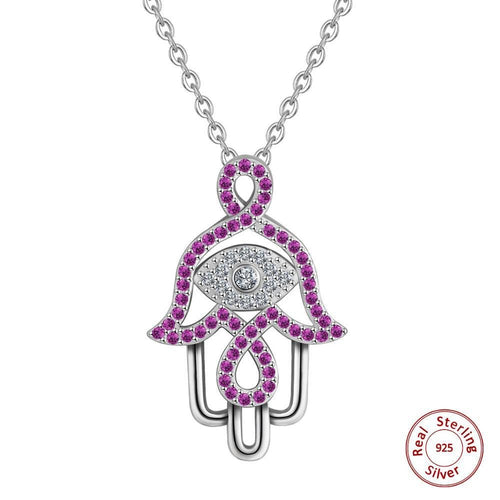Purple Stone Hamsa Hand Silver Pendant and Necklace - NecklaceOnly Pendant