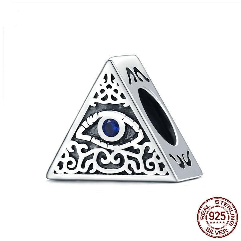 Pyramid Shaped Blue Stone Evil Eye Silver Charm Bead - Charm Bead