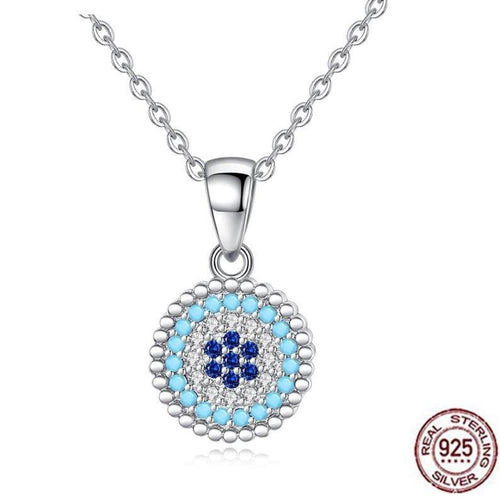 Radiant Blue and White Stone Studded Evil Eye Silver Necklace - Necklace