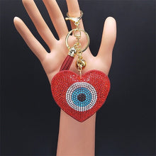 Load image into Gallery viewer, Red Stone Studded Evil Eye Keychains - KeychainHeart Shaped
