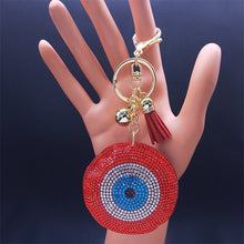 Load image into Gallery viewer, Red Stone Studded Evil Eye Keychains - KeychainEvil Eye with Hamsa Hand
