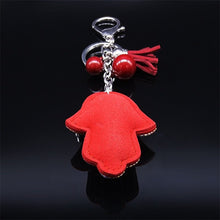 Load image into Gallery viewer, Red Stone Studded Hamsa Hand with Blue Evil Eye Keychain - Keychain
