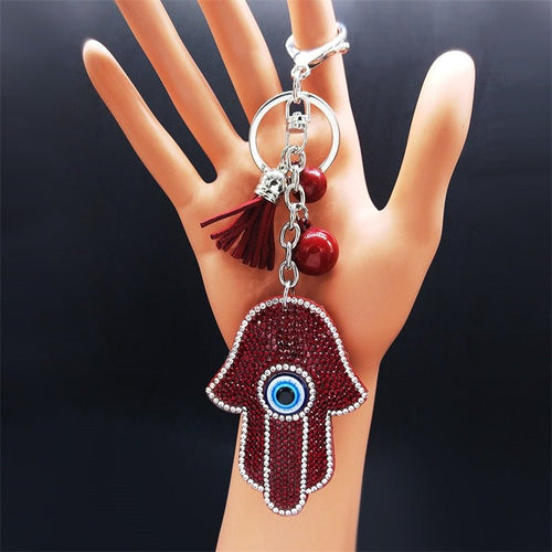 Red Stone Studded Hamsa Hand with Blue Evil Eye Keychain - Keychain