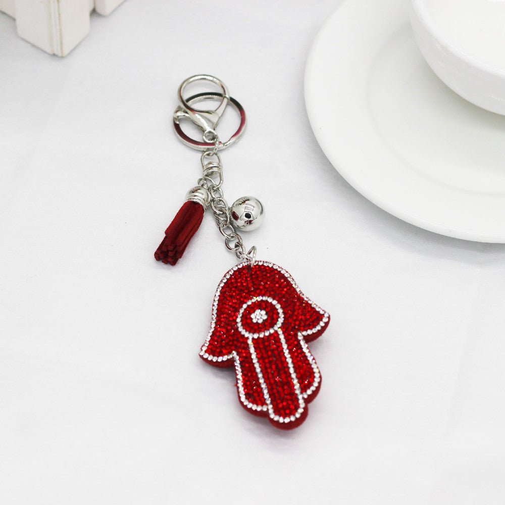 Red Stone Studded Hamsa Hand with Evil Eye Keychain - Keychain