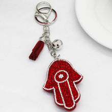 Load image into Gallery viewer, Red Stone Studded Hamsa Hand with Evil Eye Keychain - Keychain
