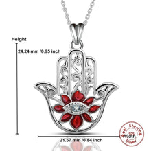Load image into Gallery viewer, Red Stoned Lotus Flower with Evil Eye Hamsa Hand Silver Pendant and Necklace - NecklacePendant and Chain
