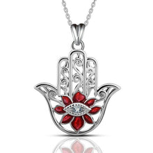 Load image into Gallery viewer, Red Stoned Lotus Flower with Evil Eye Hamsa Hand Silver Pendant and Necklace - NecklaceOnly Pendant
