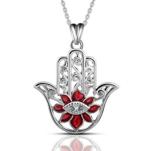 Red Stoned Lotus Flower with Evil Eye Hamsa Hand Silver Pendant and Necklace - NecklaceOnly Pendant