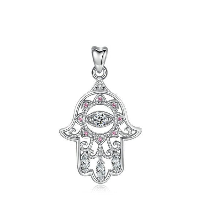 Silver and Crystal Hamsa Hand Evil Eye Silver Pendant - NecklaceOnly Pendant