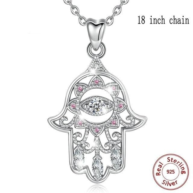 Silver and Crystal Hamsa Hand Evil Eye Silver Pendant - NecklaceWith 18