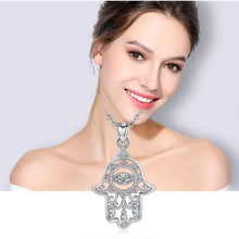 Load image into Gallery viewer, Silver and Crystal Hamsa Hand Evil Eye Silver Pendant - NecklaceWith 20&quot; Chain
