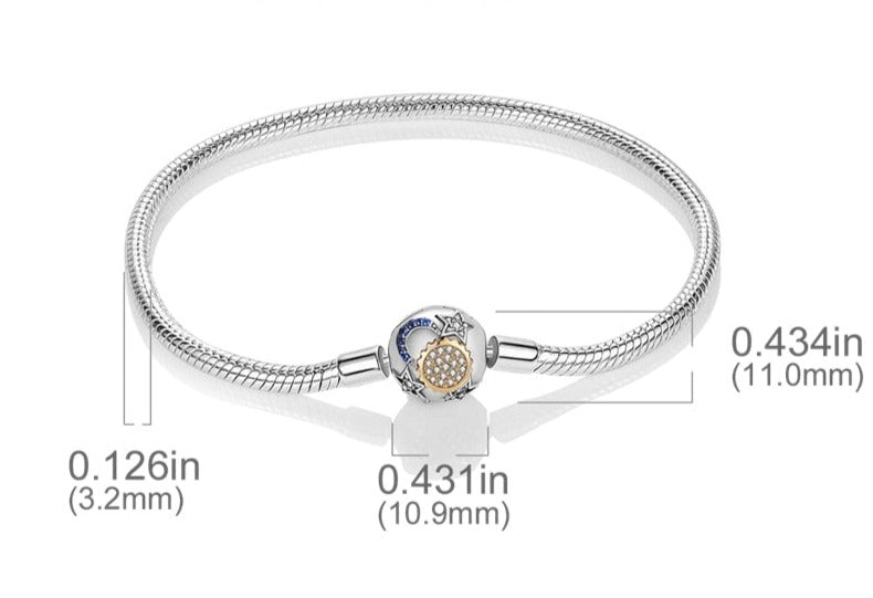 Silver Bracelets for Evil Eye and Hamsa Charms - Sphere with Stone Sun and Stars Clasp - Snake Chain Bracelet 5.9” or 15 cm