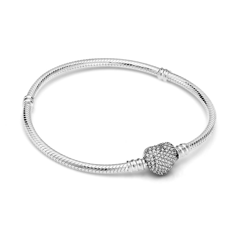 Silver Bracelets for Evil Eye and Hamsa Charms - Studded Heart Shaped Clasp - Snake Chain Bracelet 5.9” or 15 cm