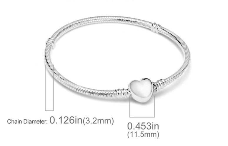 Silver Bracelets for Evil Eye and Hamsa Charms - JewelleryShiny Silver Heart Clasp - Snake Chain Bracelet5.9” or 15 cm