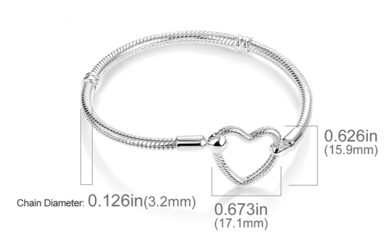 Silver Bracelets for Evil Eye and Hamsa Charms - JewelleryHeart-shaped Clasp - Snake Chain Bracelet5.9” or 15 cm