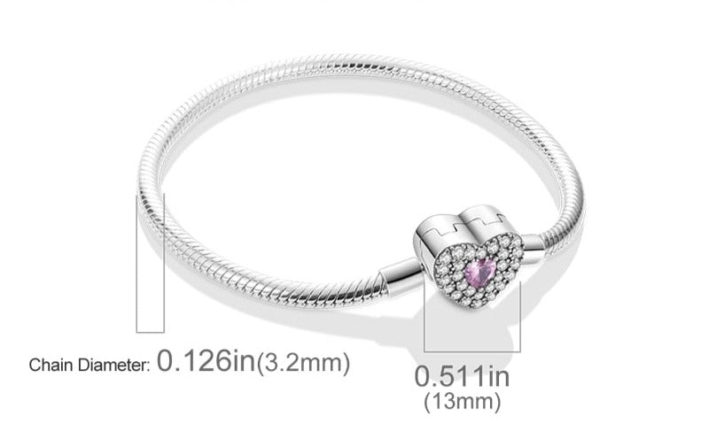 Silver Bracelets for Evil Eye and Hamsa Charms - White and Pink Stone Heart Shaped Clasp - Snake Chain Bracelet 5.9” or 15cm