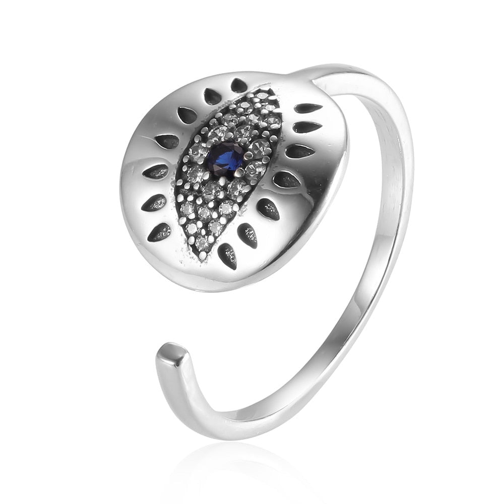 Silver Engraved White and Blue Stone Evil Eye Silver Ring - Ring