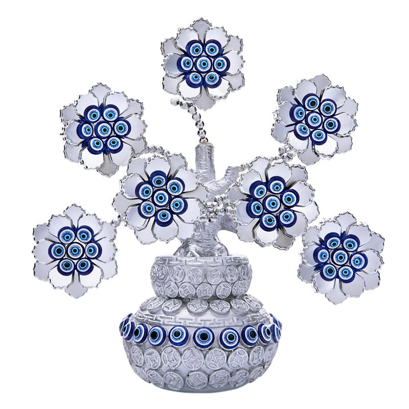 Silver Flowers with Evil Eyes in Feng Shui Money Pot Desktop Ornament - Ornament