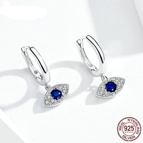 Single Blue Stone Evil Eye Silver Drop Earrings - Earrings
