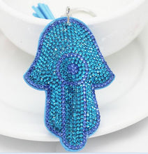 Load image into Gallery viewer, Sky Blue Stone Studded Hamsa Hand with Evil Eye Keychain - Keychain
