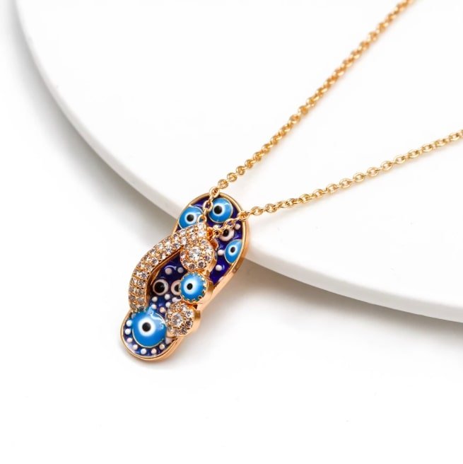 Studded Blue Slippers Shaped Evil Eye Pendant Necklace - Jewellery